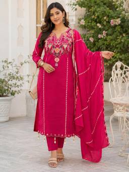Gahan - Womens Chanderi Silk Embroidered Straight Kurta with Pant & Dupatta
