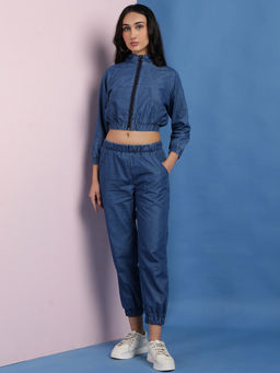 Belliskey - Women Solid Blue Denim Jacket & Joggers Co-Ord (Set of 2)