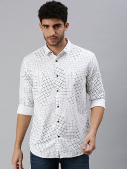 SHOWOFFFF - Men Roll-Up Sleeves White Other Checks Shirt