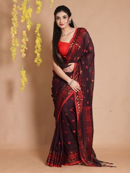 CHARUKRITI - Hickory Brown Cotton Woven Jamdani Designs Saree with Unstitched Blouse