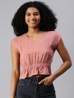SHOWOFFFF - Women Sweetheart Cap Solid Peach Crop Top