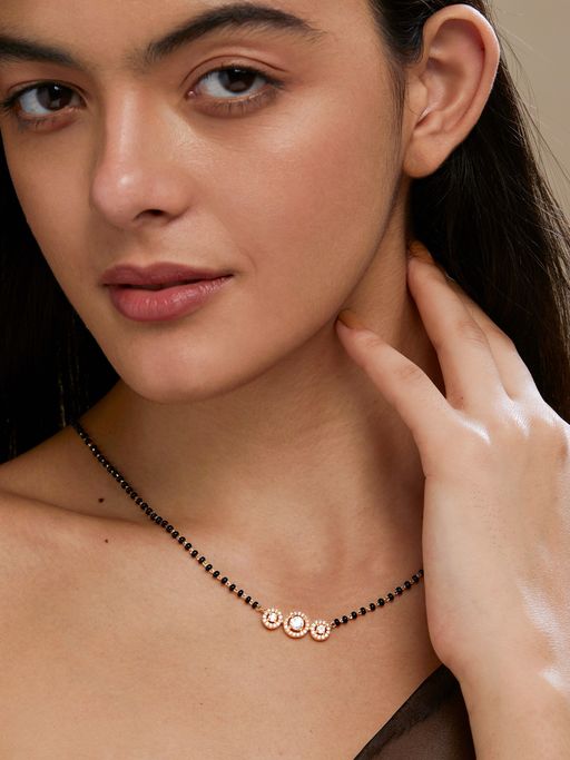 Rose Gold Plated Traditional Single Line American Diamond Pendant with Black Bead Chain Mangalsutra for Women