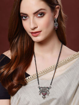 PANASH - Oxidized Silver-Plated Magenta-Pink Green Stone-Studded Mangalsutra With Earrings