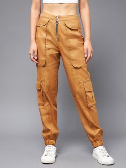 Miss Chase - Women's Tan Cotton Six Pockets Solid Regular Joggers