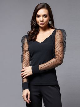 Miss Chase - Womens Black Solid V-neck Full Sleeve Relaxed Fit Regular Top
