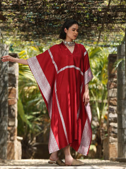 WeaverStory - Maroon Handloom Kaftan Dress