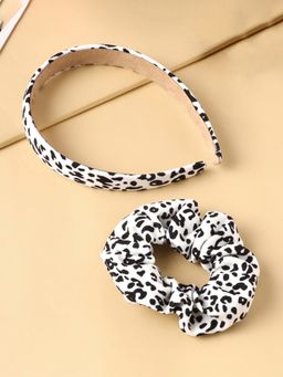 Yellow Chimes - Girls White & Black Leopard Printed Hairband with Scrunchie