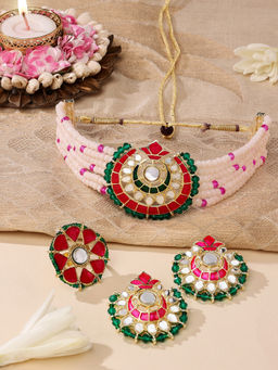 Zaveri Pearls - Set Of 3 Pink Green Meenakari Choker Necklace Earring and Ring Set-ZPFK14822