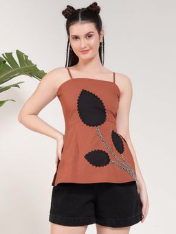 Deebaco - Mocha Cotton Embroidered Patch Work Women Top