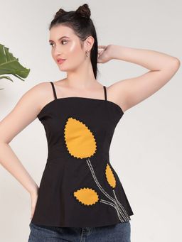 Deebaco - Black Cotton Embroidered Patch Work Women Top