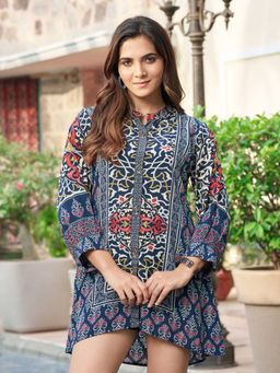 KAFTANIZE - Midnight Blue Color Mosaic Hand Block Ethnic Panel Printed Tunic