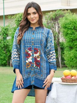 KAFTANIZE - Dark Navy Blue Floral Printed Tunic