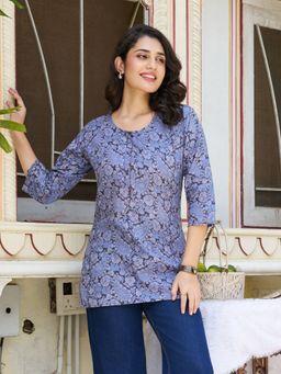 KAFTANIZE - Navy Blue Floral and Paisley Busy Traditional Printed Tunic