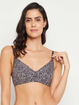 Clovia - Non-Padded Non-Wired Demi Cup Floral Print Bra In Dark Grey - Cotton