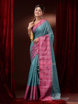 CHARUKRITI - Teal Cotton Blend Handwoven Woven Zari and Floral Motifs Saree with Unstitched Blouse