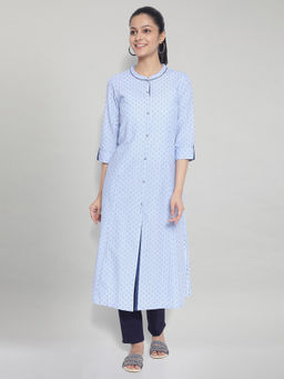 Aurelia - Blue Band Collar Printed Kurta
