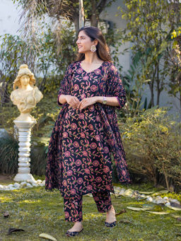 DIMPLE DESIGN STUDIO - Black Pink Floral Suit (Set of 3)