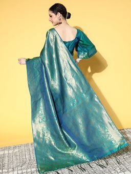 Sareemall - Silk Blend Teal Green Woven Design Saree With Unstitched Blouse