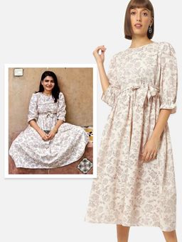 SAAKI - Chintz Printed Fit & Flare Off White Dress (Set of 2)