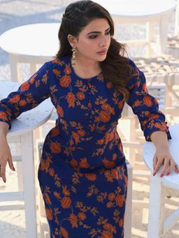 SAAKI - Bageecha Navy Blue Round Neck Printed Kurta