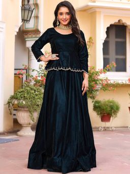 Lavanya The Label - Teal Velvet Peplum Lehenga (Set of 2)