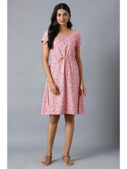 Aurelia - Aure Collection By Aurelia Pink Flared Dress In Floral Print and Round Neck