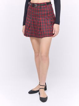 Cover Story - Maroon Pleated Check Skirt with Belt (Set of 2)