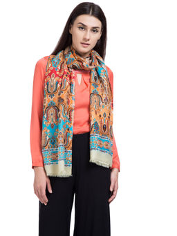 Shingora - Orange Wool Blend Printed Fringed Women Stole