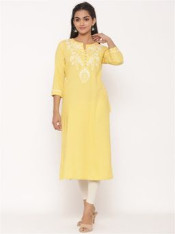 Suti - Women Rayon Embroidery Work Kurta Yellow