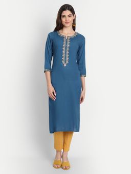 Suti - Women Rayon Embroidery Work Long Kurta Moroccan Blue