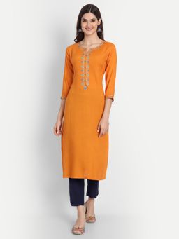 Suti - Women Rayon Embroidery Work Long Kurta Orange