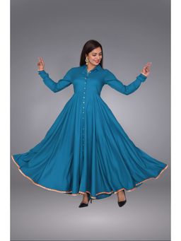 Suti - Women Solid Rayon Floor Length Dress Embellished With Metal Work Ocean Teal