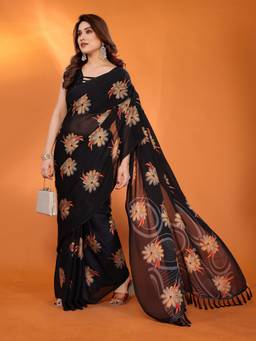 URBAN PALLU - Women Black Floral Pure Chiffon Saree