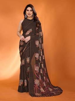 URBAN PALLU - Women Brown Pixie Lane Floral Printed Pure Chiffon Saree