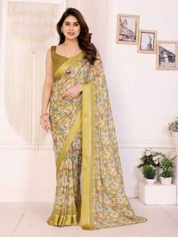 URBAN PALLU - Women Yellow Floral Pure Chiffon Saree