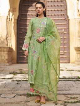 Autumnlane - Women Green Full Work Kurta with Pant and Dupatta