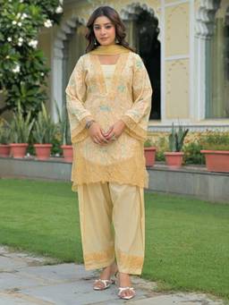 Autumnlane - Women Yellow Embroidery Cotton Kurta with Pant and Dupatta