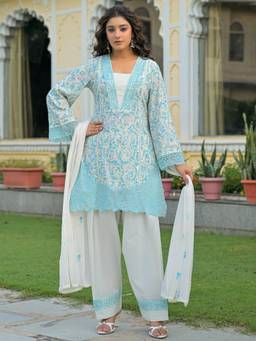 Autumnlane - Women Blue Embroidery Cotton Kurta with Pant and Dupatta