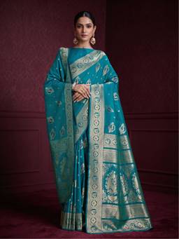 Monjolika Fashion - Cyan Banarasi Soft Silk Saree with Dupatta