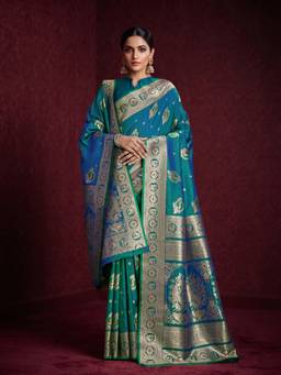Monjolika Fashion - Teal Banarasi Soft Silk Saree with Dupatta