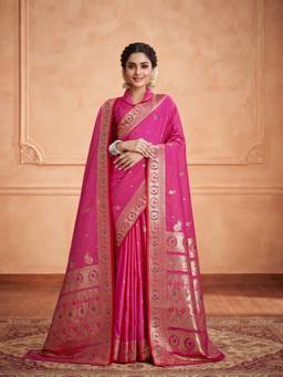 Monjolika Fashion - Rani Pink Banarasi Soft Silk Saree with Zari Woven Dupatta