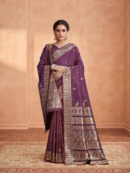 Monjolika Fashion - Wine and Brown Banarasi Soft Silk Saree with Zari Woven Dupatta