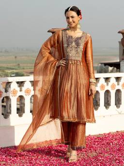 Autumnlane - Women Rust Pavni Sepia Full Work Kurta with Pant and Dupatta