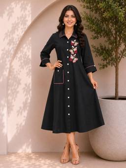 Autumnlane - Women Black Slopi Smoke Embroidery Cotton Dress