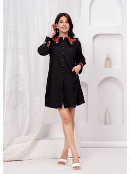 Autumnlane - Women Black Slopi Smoke Embroidery Cotton Dress