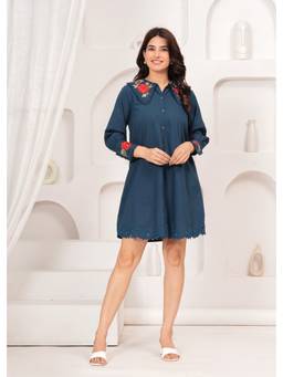 Autumnlane - Women Teal Slopi Ultra Embroidery Cotton Dress