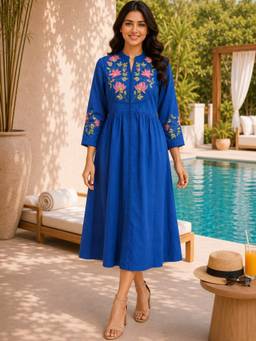 Autumnlane - Women Blue Slopi Univ Embroidery Cotton Midi Dress