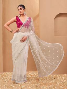 Tikhi Imli - White Colored Faux Mirror Work Designer Saree with Lehariya Blouse