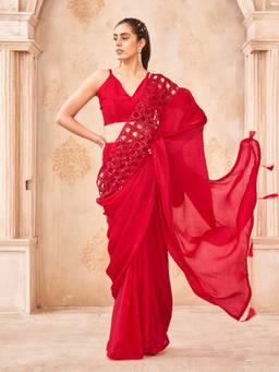 Tikhi Imli - Red Colored Sequinned Designer Wear Saree