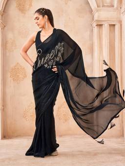 Tikhi Imli - Black Colored Designer Saree with Queen Written On Shoulder with Faux Diamonds